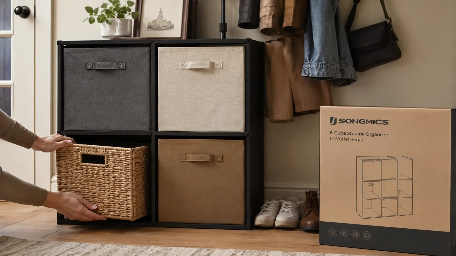 Cube organizer shelf used in a mudroom entryway with baskets, shoes, and coat hooks above