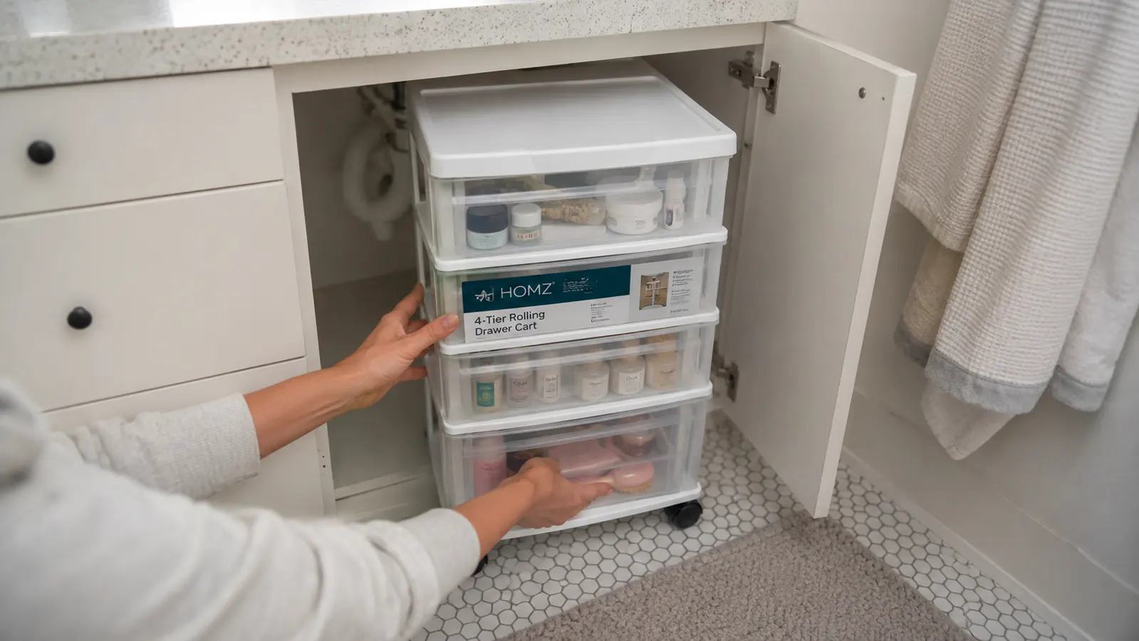 Rolling drawer cart tucked under a bathroom counter with toiletries sorted in each clear drawer