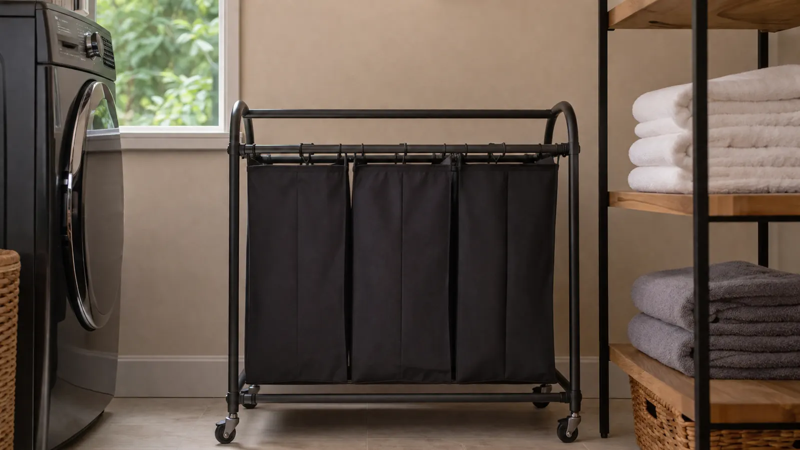 A tidy laundry room corner with the rolling sorter beside a small shelf, showing an organized compact space