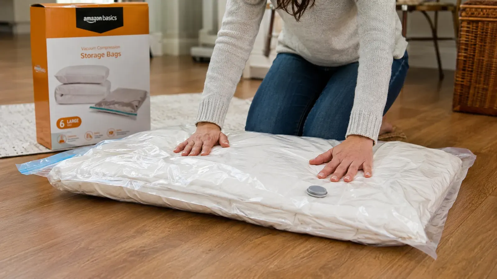 Person pressing air out of a vacuum storage bag filled with a bulky duvet