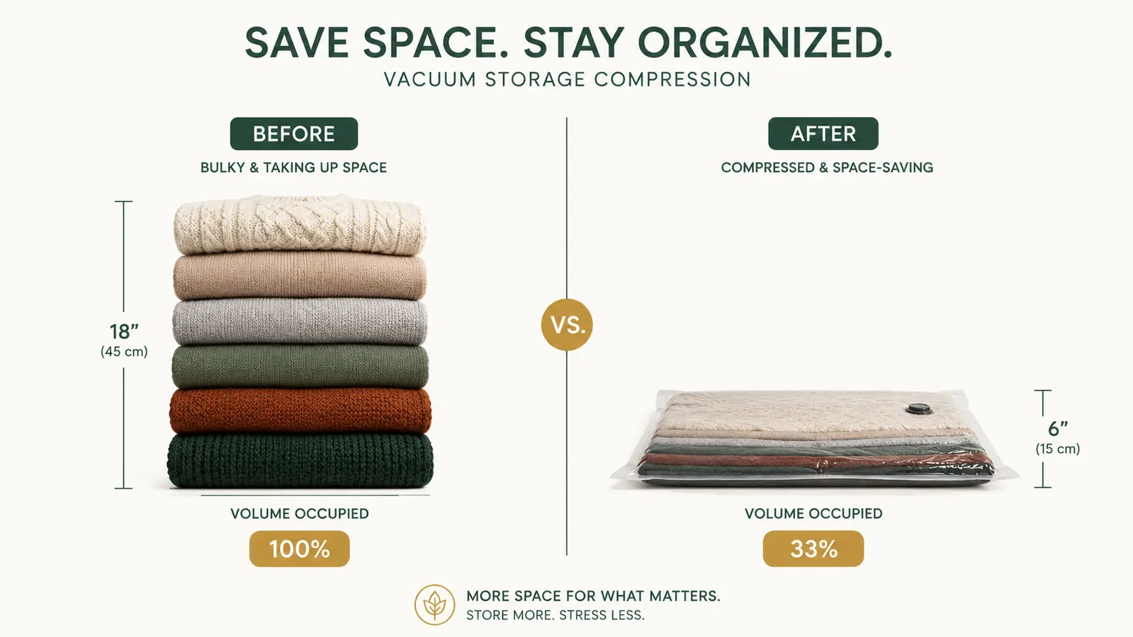 Before and after showing a pile of bulky sweaters versus the same sweaters compressed flat in a vacuum bag