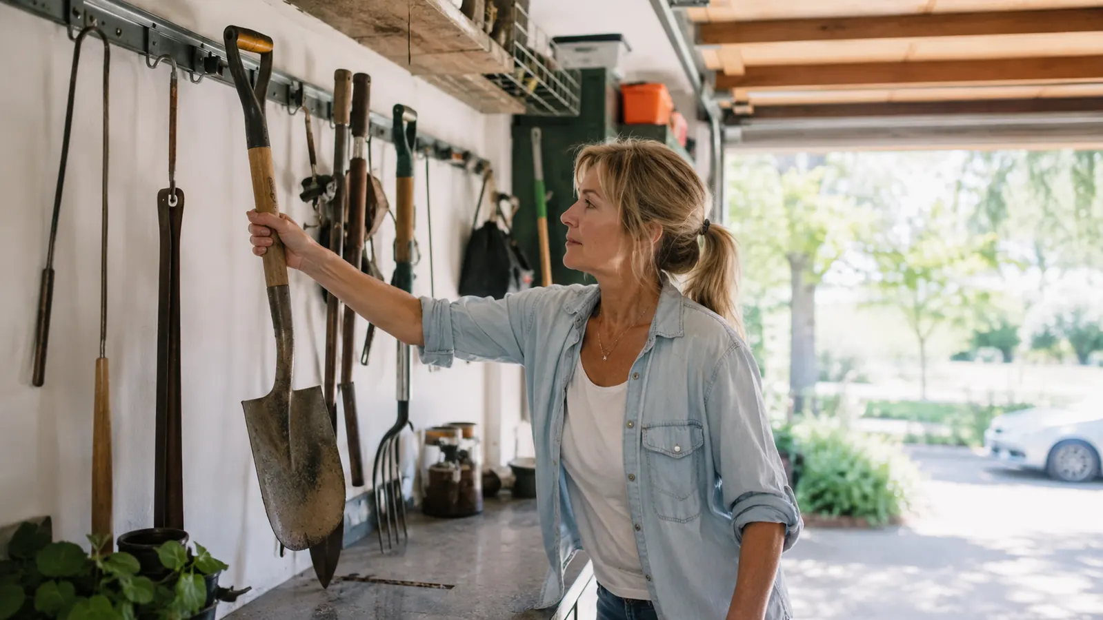 Homeowner retrieving a garden spade from a wall-mounted garage hook system