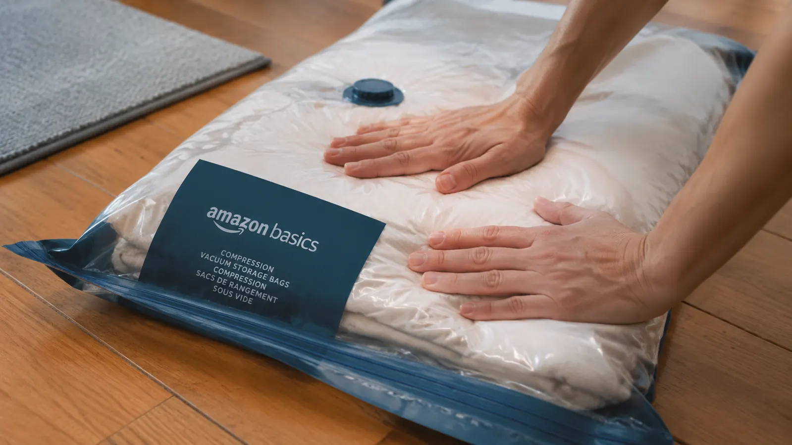 Hands pressing a vacuum storage bag flat to test seal integrity after reuse