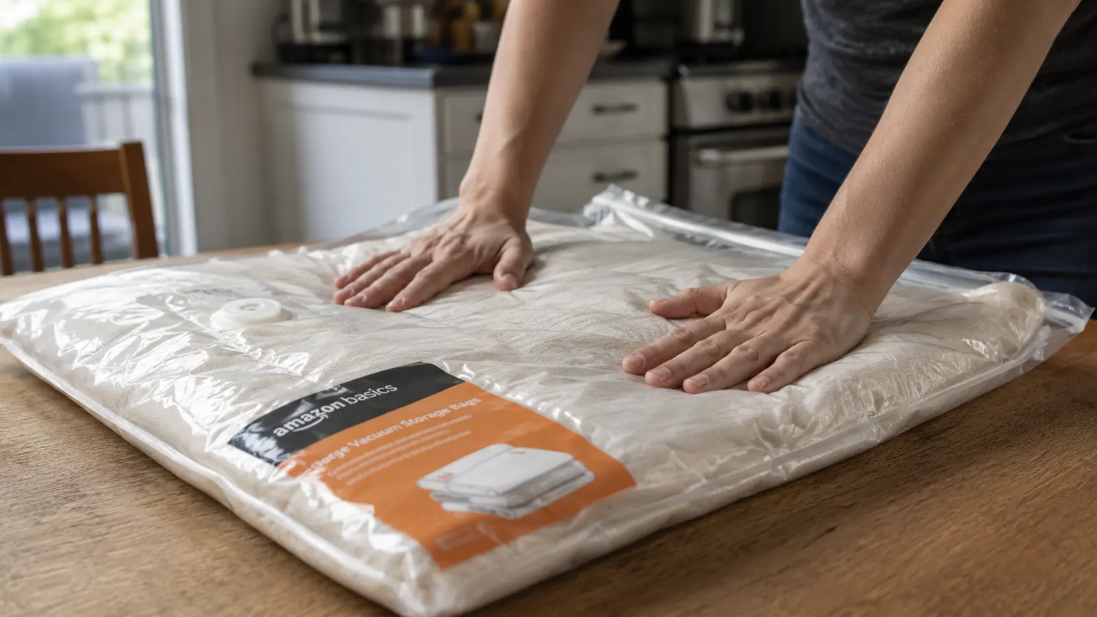 Hands pressing air out of an Amazon Basics vacuum storage bag filled with a bulky comforter