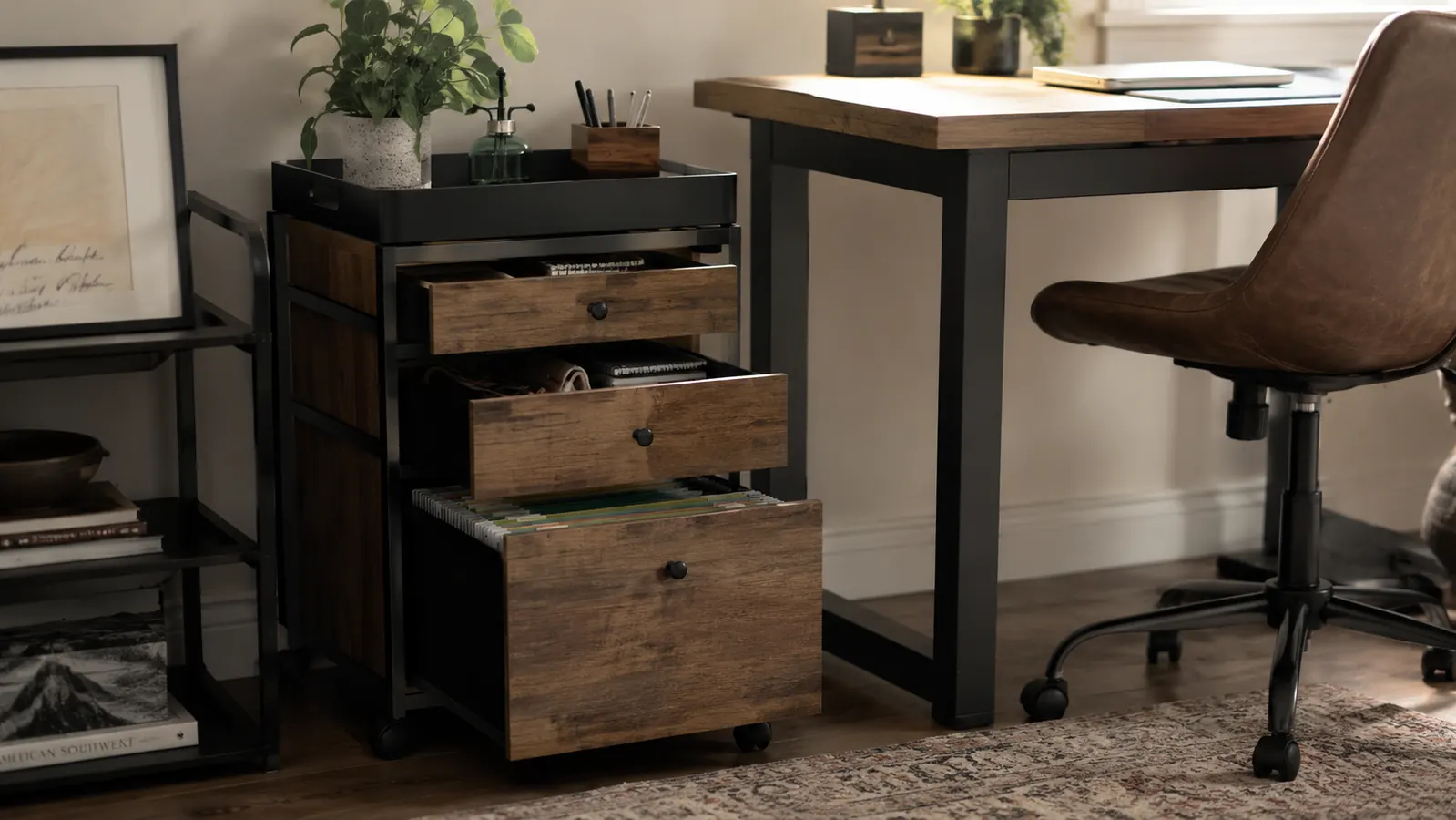 A rolling cart with four drawers positioned in a small home office corner, drawers holding notebooks, cables, and office supplies