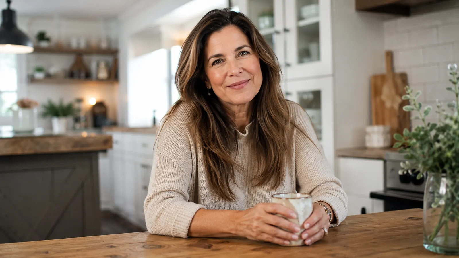 A woman in her forties sitting at a kitchen table with a cup of coffee, relaxed expression, organized kitchen visible in the background