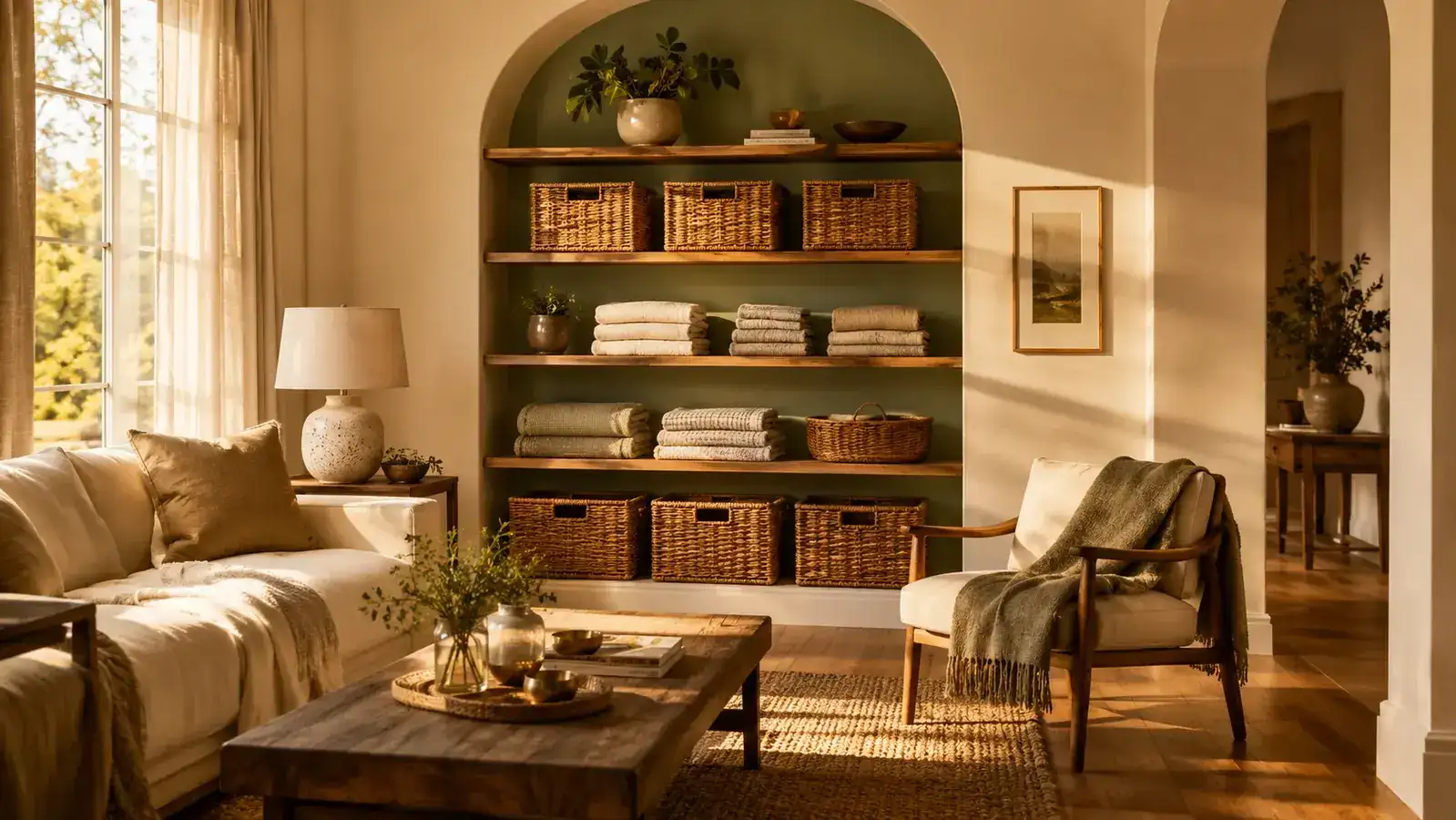 A calm, organized home entryway in warm morning light, everything in its place