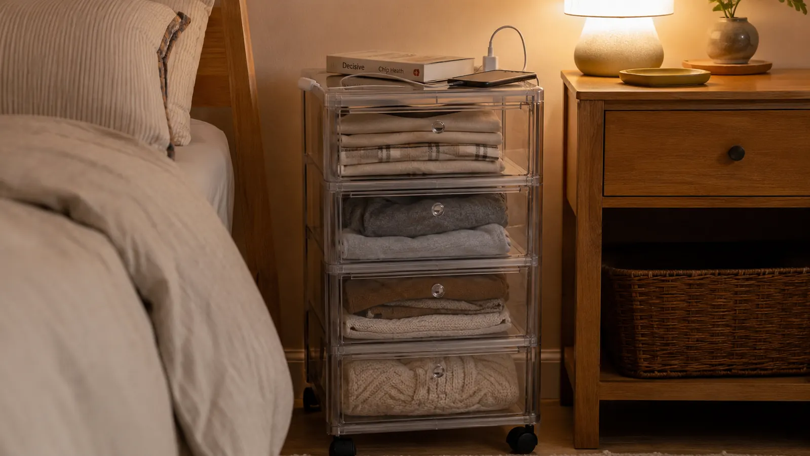 HOMZ cart in a bedroom nightstand-adjacent position with a phone charger and book on top and folded clothing visible in the second drawer