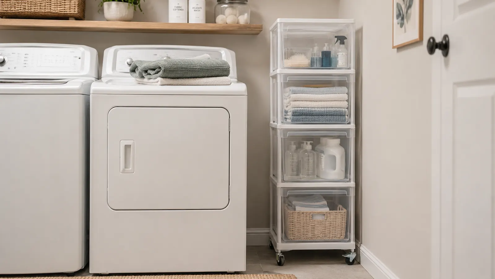 HOMZ rolling cart locked in place in a laundry room corner next to a washer, demonstrating wheel-lock stability