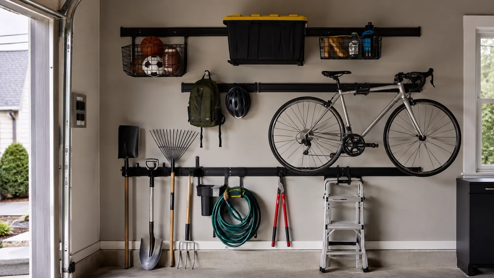 Fully loaded Rubbermaid FastTrack wall with a bicycle, garden tools, and storage bins all neatly hung