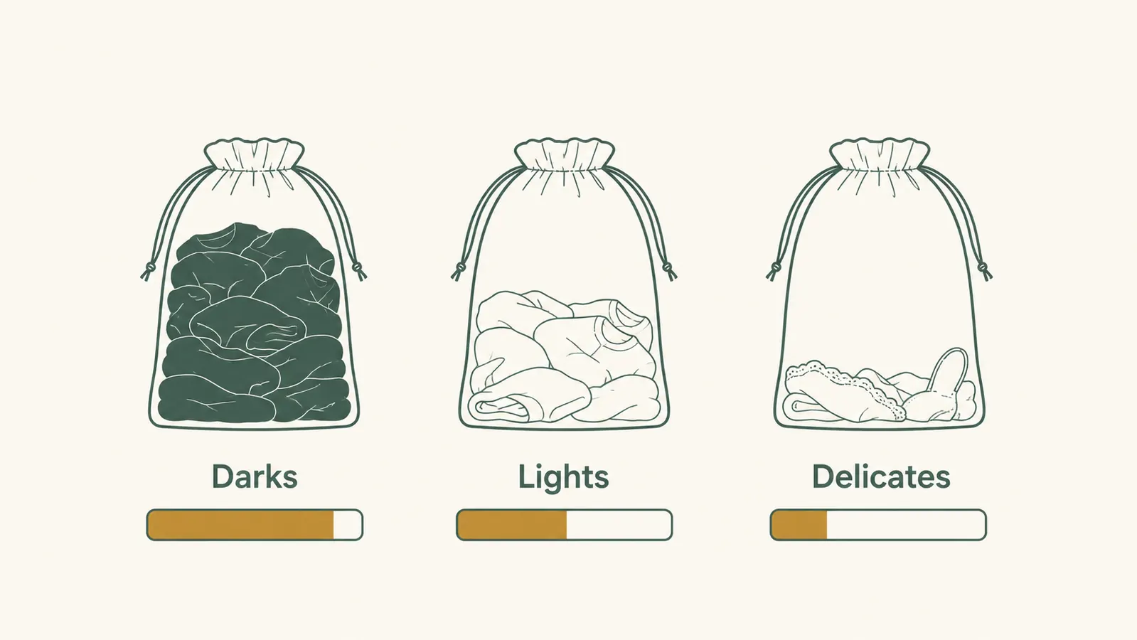 Diagram showing three labeled laundry sorter bags: Darks, Lights, and Delicates with fill-level indicators