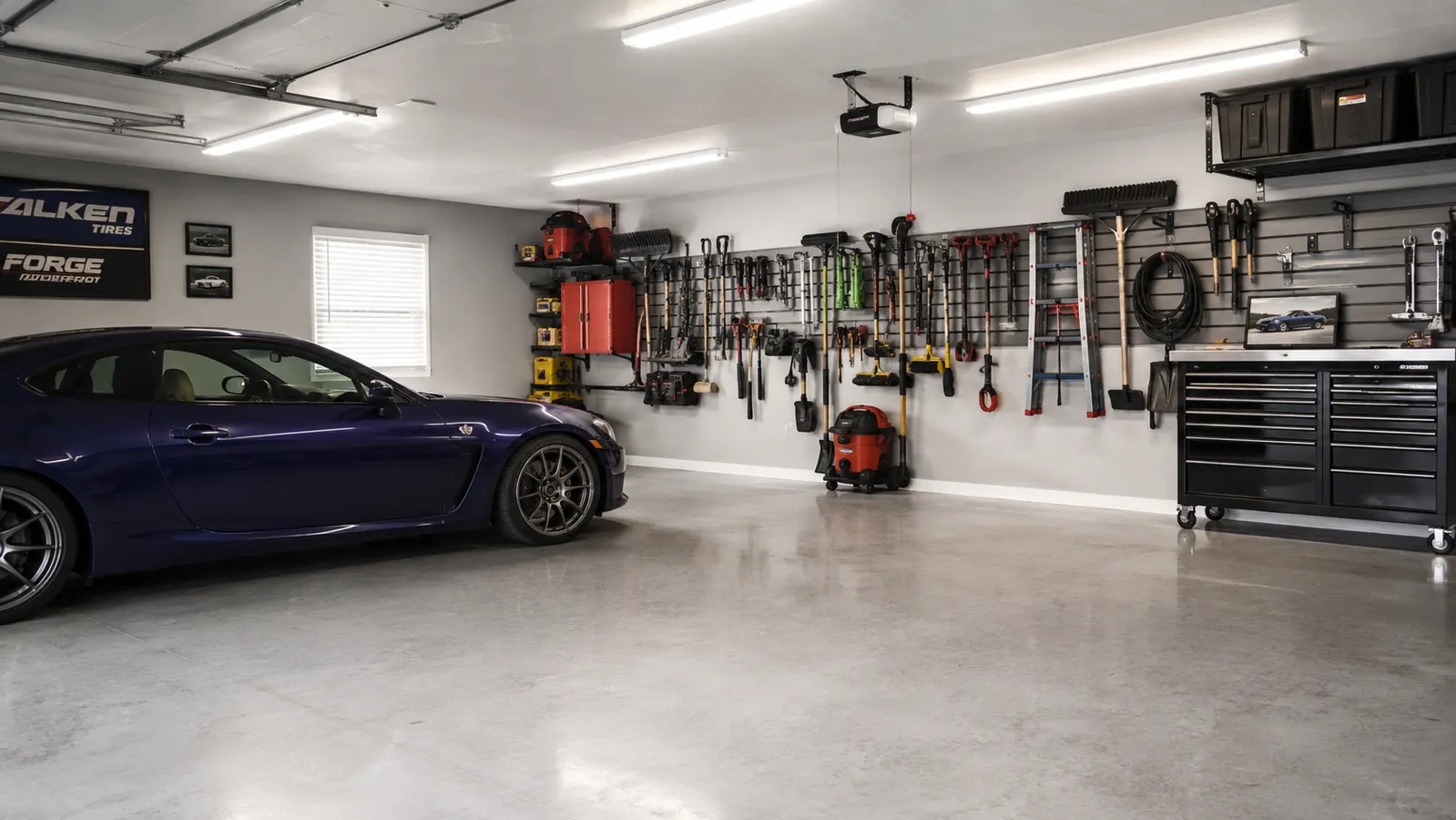 Wide view of a fully organized garage with open floor space and all tools on the wall