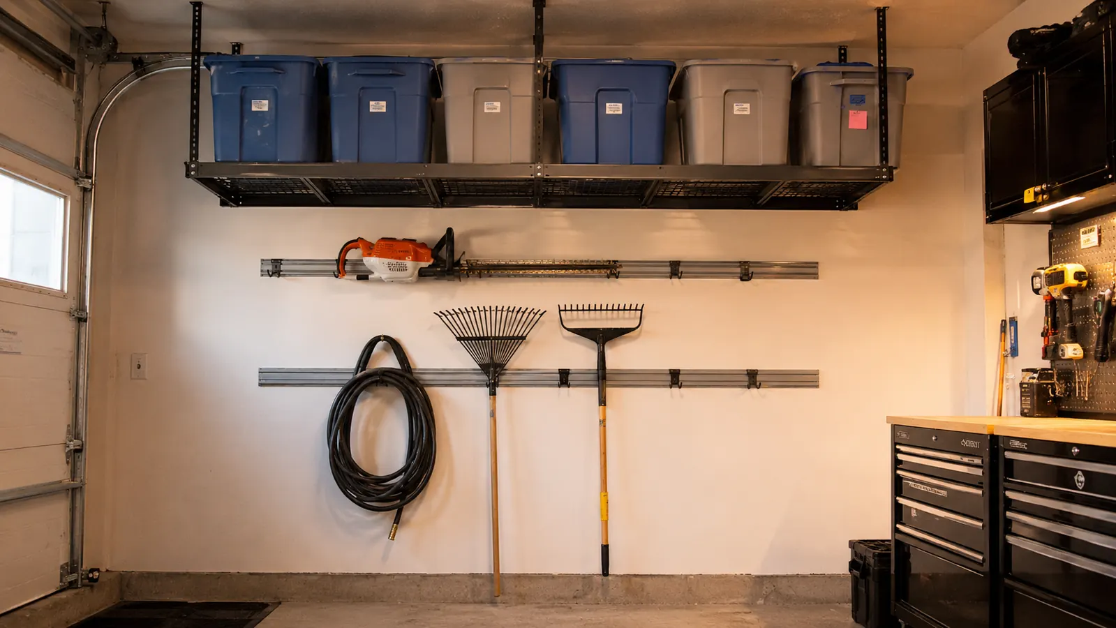 Garage wall with FastTrack rails holding seasonal tools, with a separate ceiling storage shelf visible overhead for bins and bulky items