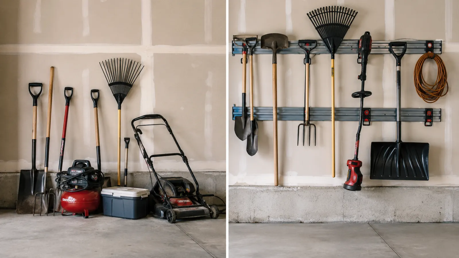Garage wall before and after: cluttered floor on the left, the same wall organized with FastTrack rails on the right