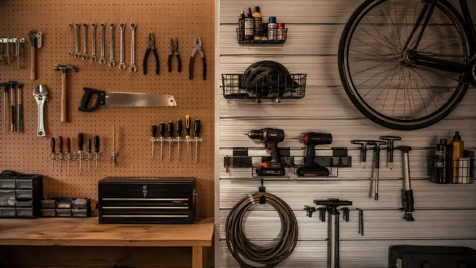Garage wall showing a pegboard panel with hooks holding hand tools next to a section with a rail system holding heavier power tools and a bicycle