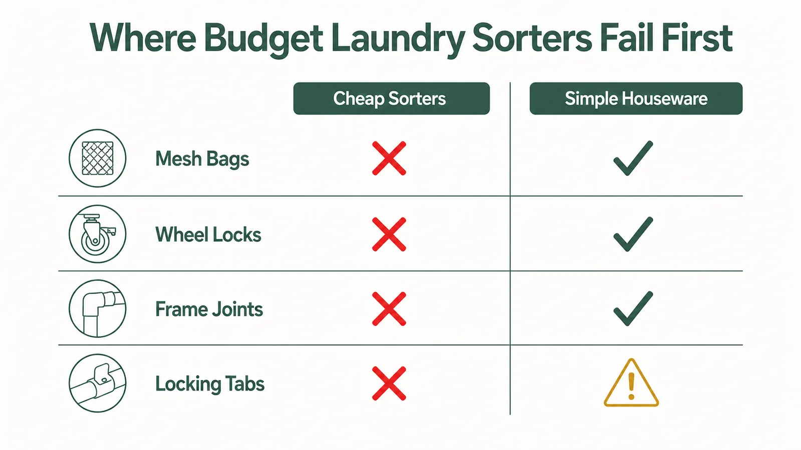 Diagram comparing what breaks first on cheap versus well-built laundry sorters, including bags, wheels, frame joints, and locking tabs