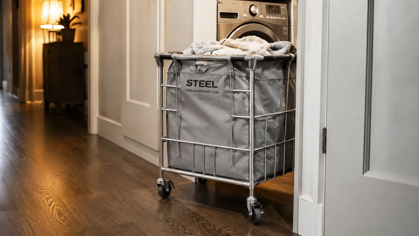 The Simple Houseware laundry sorter rolled out of a narrow closet into a hallway, showing its mobility