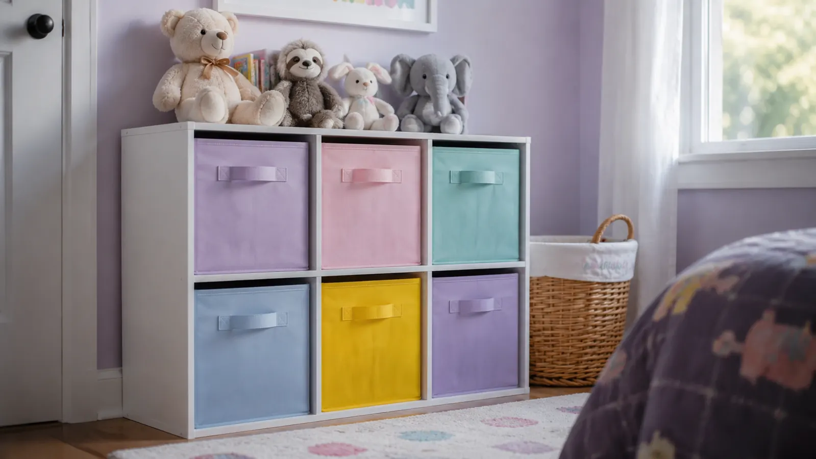 SONGMICS cube organizer in a kids' bedroom with fabric bins and toys stored neatly in each cube