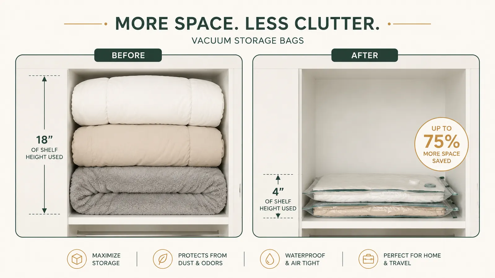 Before and after closet shelf comparison: bulky uncompressed blankets on the left versus flat vacuum bags stacked neatly on the right
