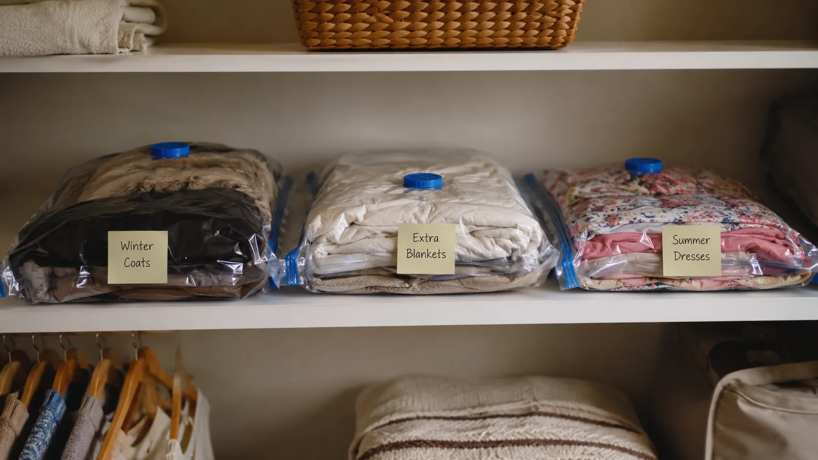 Labeled vacuum storage bags arranged on a closet shelf showing seasonal organization by category